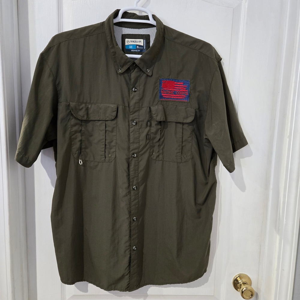 Magellan Fishing Shirt Mens XL Green Excellent Marine Corps Patch Short Sleeve
